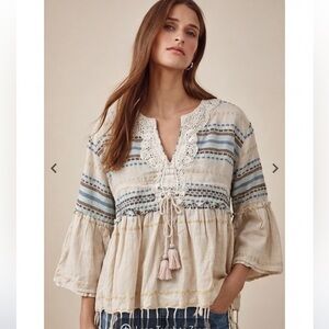 VTG Boho Cream Embroidered Stripes peasant Tassel Tie fringe blouse festival